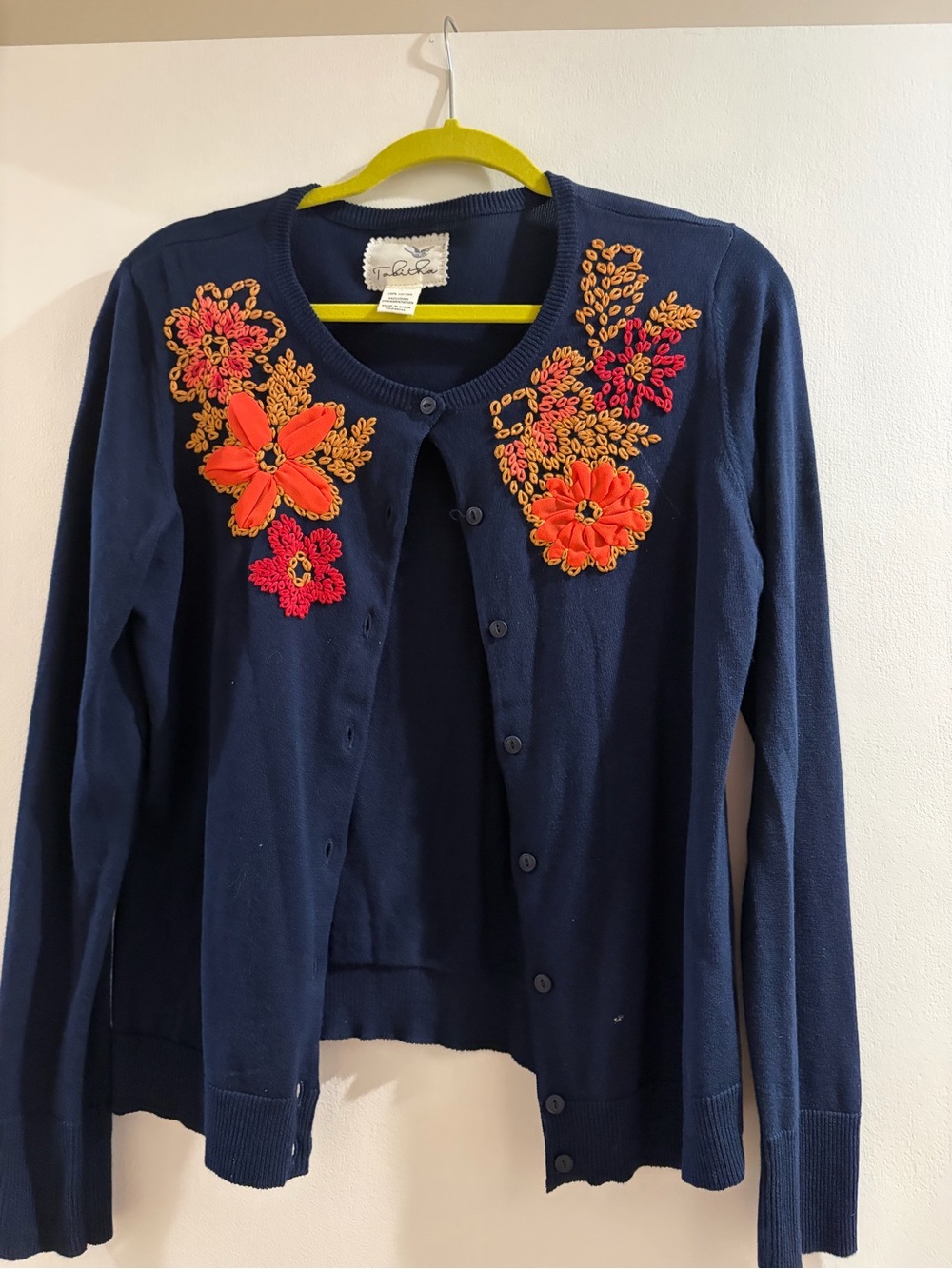 Tabitha Navy Cardigan with Orange and Pink Floral Embroidery